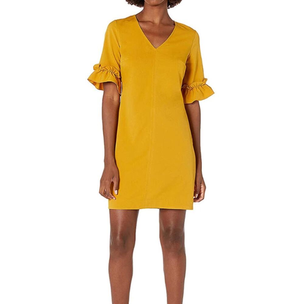 NWT Lark & Ro Women's Florence Ruffle Half Sleeve V-Neck Sheath Dress Yellow 12
